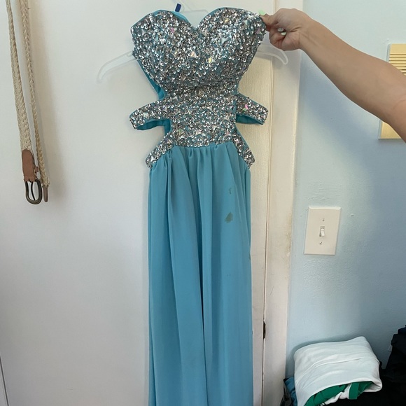Strapless Light Blue Maxi Dress with Rhinestones & Side Slits - Picture 1 of 4